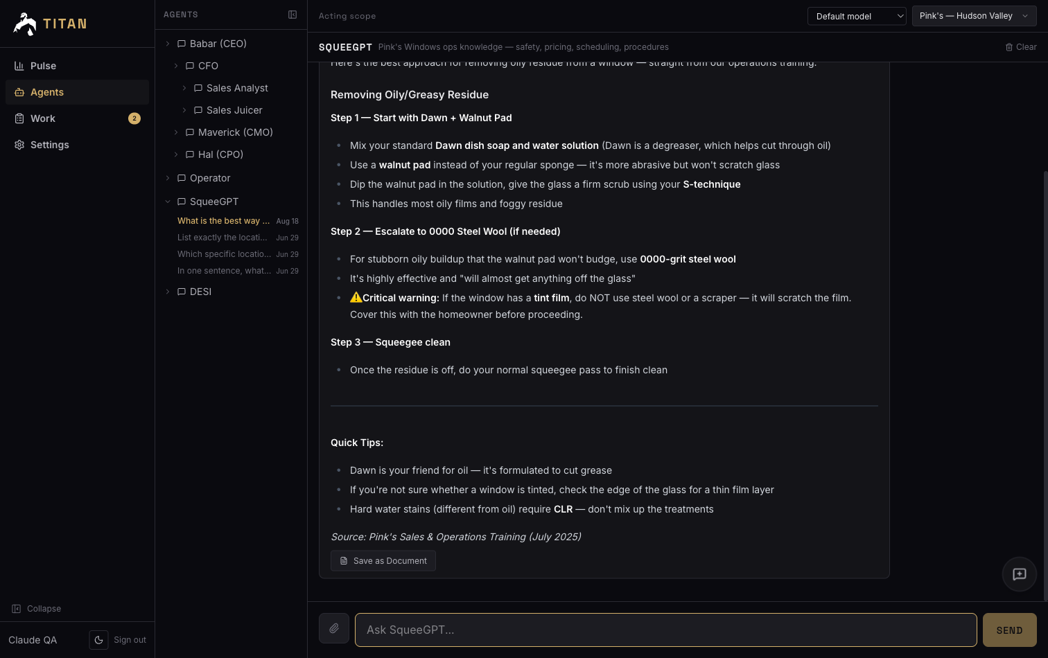 SqueeGPT answering a question about removing oily residue from a window, citing Pink's own sales and operations training.