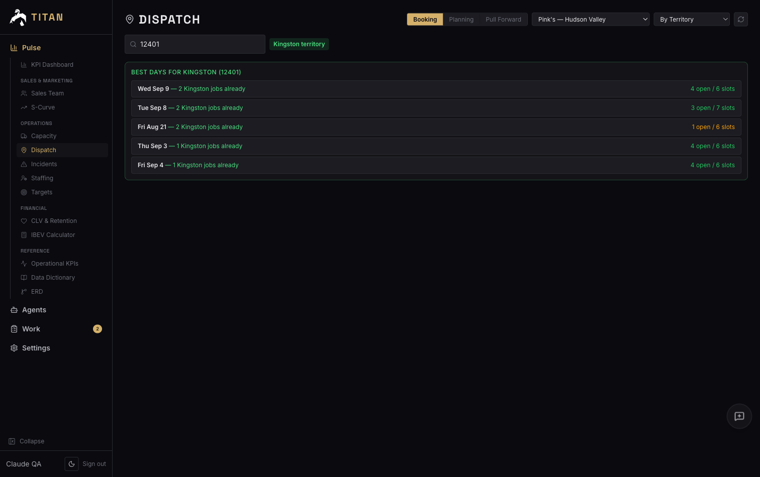 Titan dispatch view showing the best days to book a job in the Kingston territory with open slot counts.